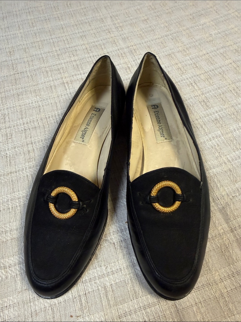 Etienne Aigner Black Suede and Leather Loafers with Gold Ring